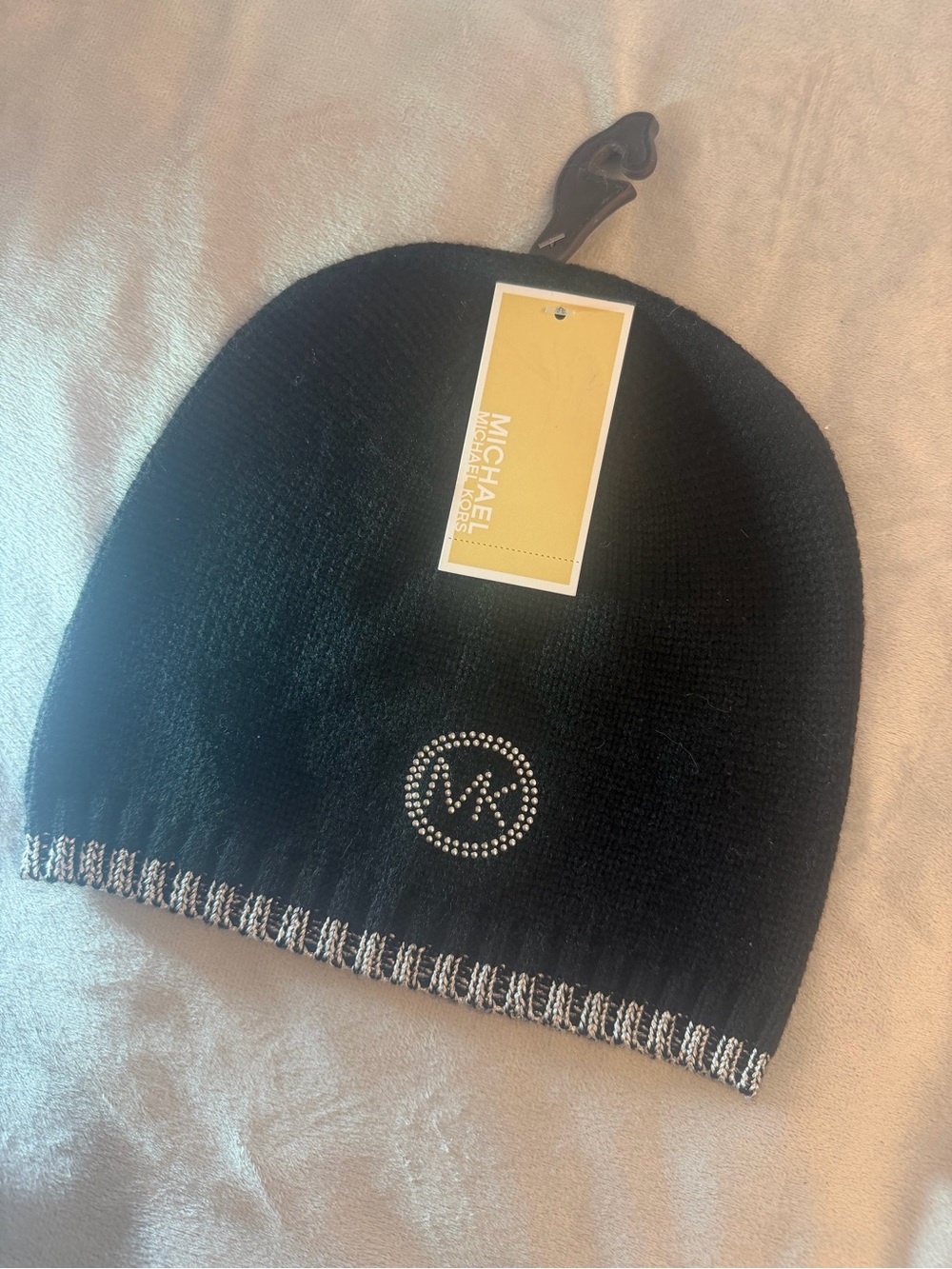 Michael Kors Black Knit Beanie with Crystal MK Emblem